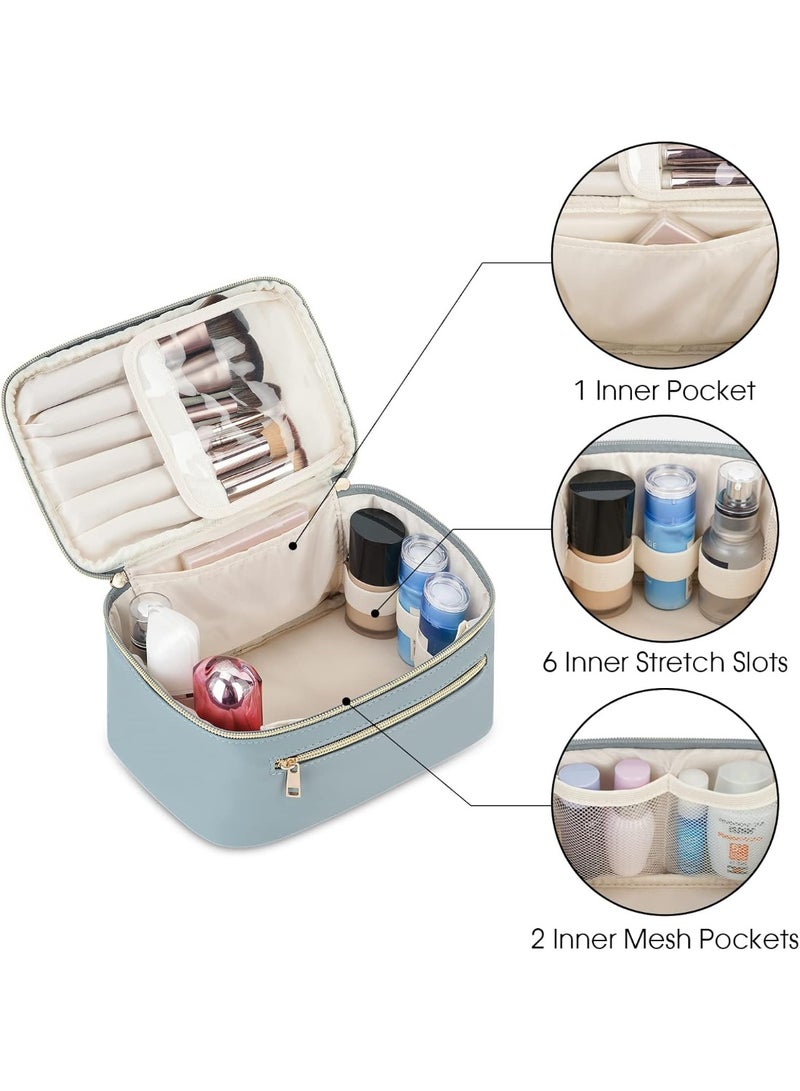 Travel Makeup Bag with Brush Compartment, Large Cosmetic Bags, PU Leather Makeup Case with Handle, Water-Resistant for Women, Greyish Blue (Patent Pending) - Image 3